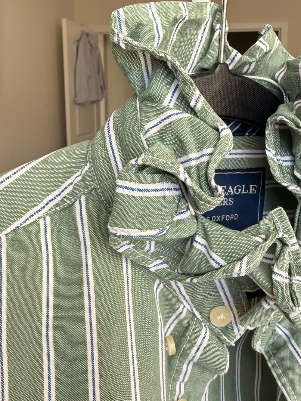 Upcycle American Eagle Outfitters Mint Green and White Striped Button-Down Shirt